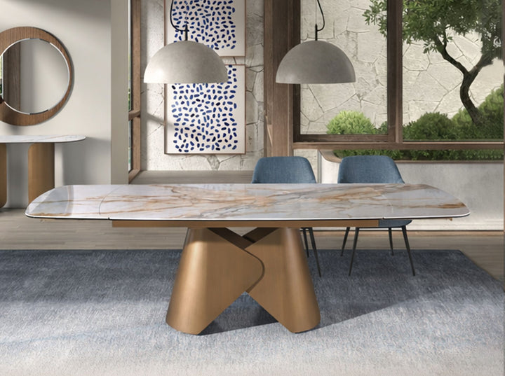 Mesa comedor extensible ovalada barril mármol porcelánico y acero color bronce - Mesa de comedor - El Workshop - bronce