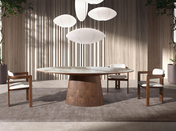 Mesa comedor ovalada mármol porcelánico y nogal - Mesa de comedor - El Workshop - nogal