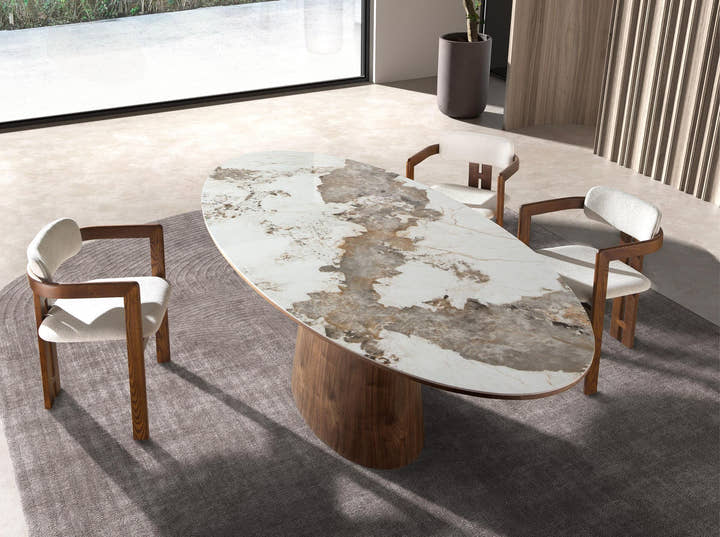 Mesa comedor ovalada mármol porcelánico y nogal - Mesa de comedor - El Workshop - nogal
