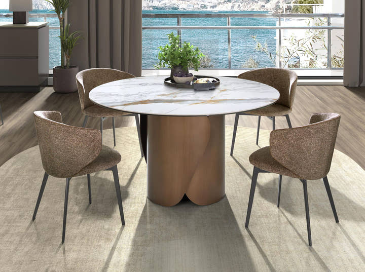 Mesa comedor redonda mármol porcelánico y acero color bronce - Mesa de comedor - El Workshop - Blanco