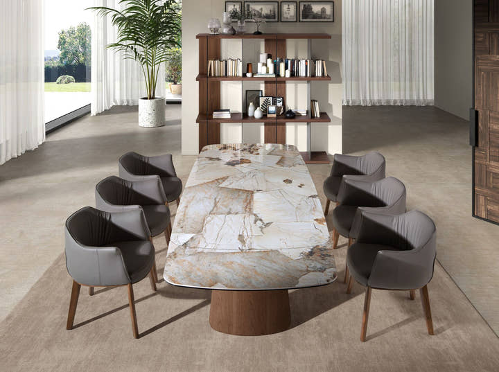 Mesa comedor extensible ovalada barril mármol porcelánico y nogal - Mesa de comedor - El Workshop - nogal