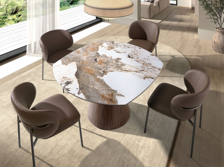 Mesa comedor extensible ovalada barril mármol porcelánico y nogal - Mesa de comedor - El Workshop-Ø130 x 120 x 76 Cm