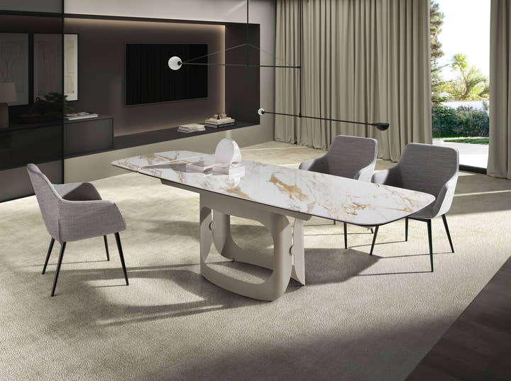 Mesa comedor extensible ovalada barril mármol porcelánico y acero arena metalizado - Mesa de comedor - El Workshop - Sand