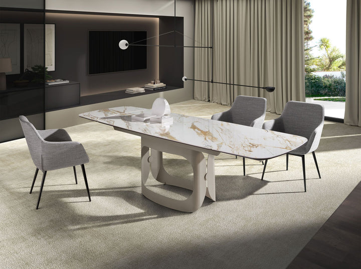 Extendable oval dining table in porcelain marble barrel and metallic sand steel