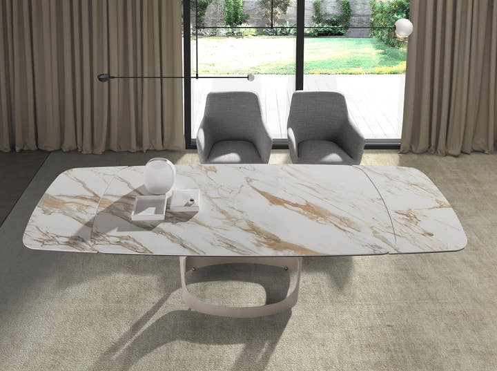 Mesa comedor extensible ovalada barril mármol porcelánico y acero arena metalizado - Mesa de comedor - El Workshop - Sand