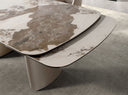 mesa comedor extensible ovalada barril mármol porcelánico y acero taupé metalizado
