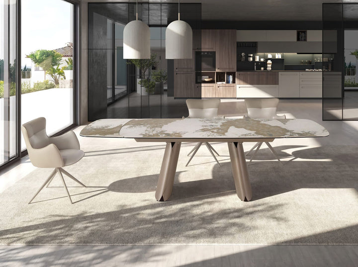Mesa comedor extensible ovalada barril mármol porcelánico y acero taupé metalizado - Mesa de comedor - El Workshop-Ø180 x 90 x 76 Cm