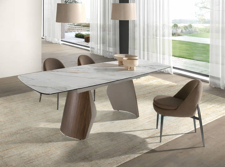 Mesa comedor extensible ovalada barril mármol porcelánico, acero arena metalizado y nogal - Mesa de comedor - El Workshop-Ø180 x 100 x 76 Cm