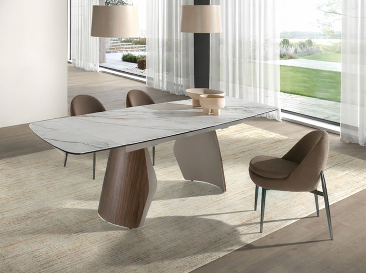 Mesa comedor extensible ovalada barril mármol porcelánico, acero arena metalizado y nogal - Mesa de comedor - El Workshop-Ø180 x 100 x 76 Cm