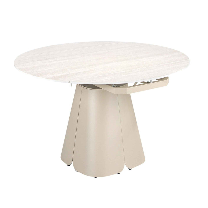 Mesa comedor extensible redonda mármol porcelánico y acero color arena