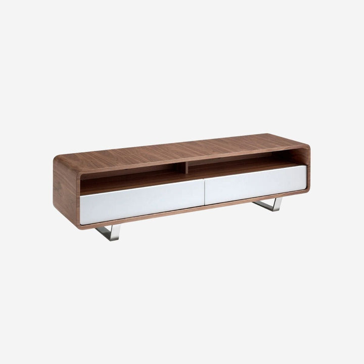 Mueble TV madera blanco, nogal y acero cromado