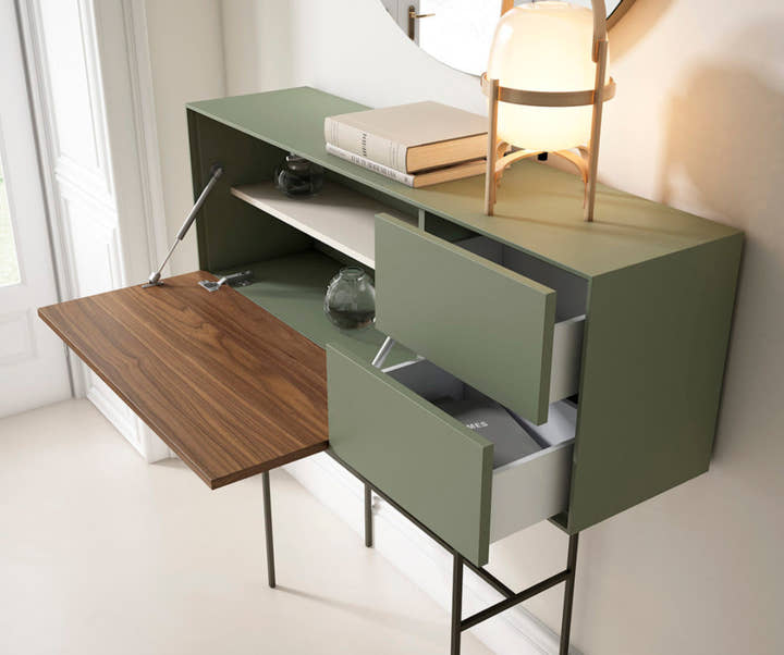 Tenerife console table in lacquered wood with custom-made black metal legs 