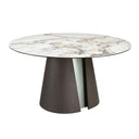 Mesa comedor redonda mármol porcelánico, roble ceniza oscuro y madera color plata