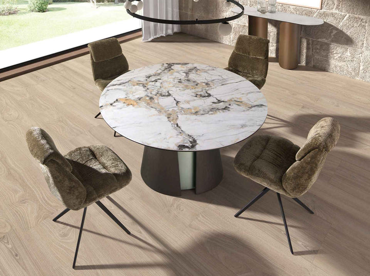 Mesa comedor redonda mármol porcelánico, roble ceniza oscuro y madera color plata