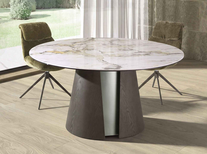 Mesa comedor redonda mármol porcelánico, roble ceniza oscuro y madera color plata