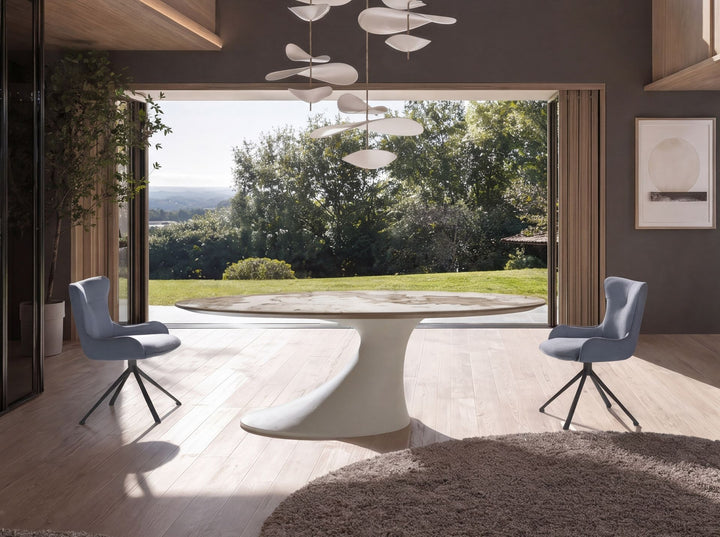 Mesa comedor ovalada mármol porcelánico y fibra de vidrio epoxi arena - Mesa de comedor - El Workshop-Ø220 x 110 x 75 Cm