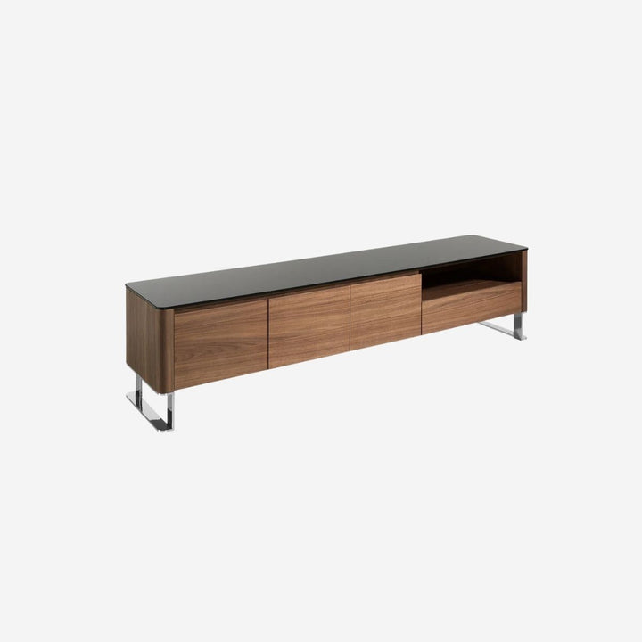 Mueble TV nogal, acero cromado y tapa de cristal negro