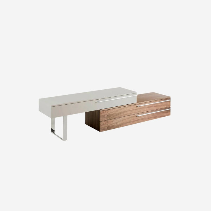 Mueble TV madera beige, nogal y acero cromado
