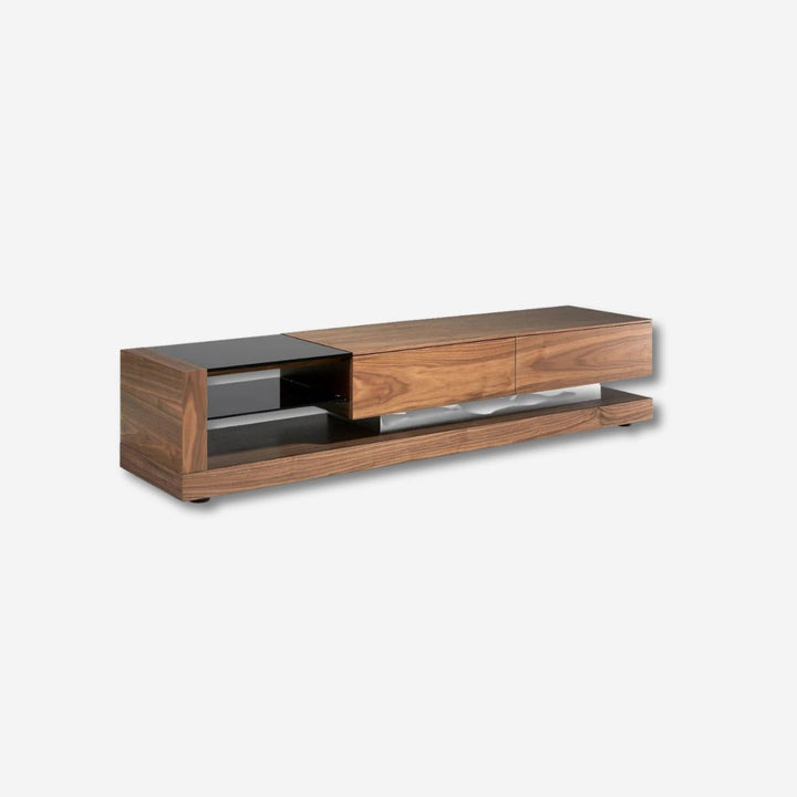 Mueble TV nogal, acero pulido y tapa de cristal negro