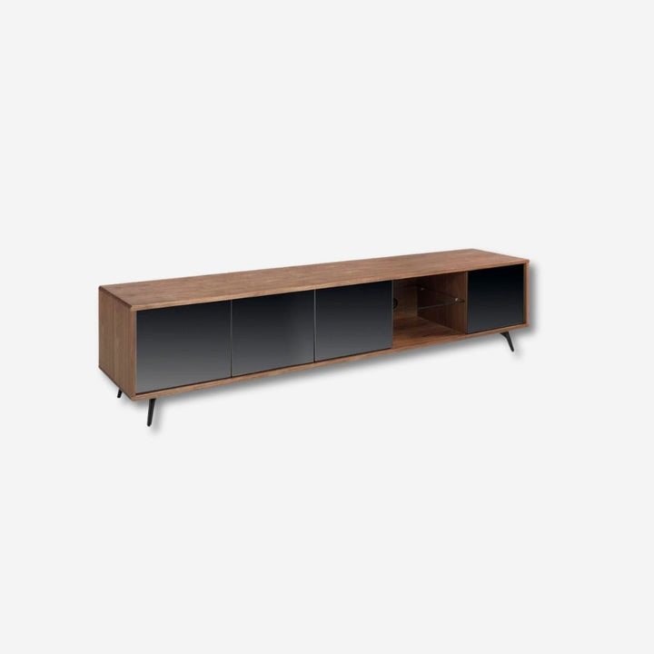 Mueble TV cristal negro efecto espejo, nogal y acero negro