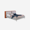 Bett aus braunem Kunstleder und grauem Stoff