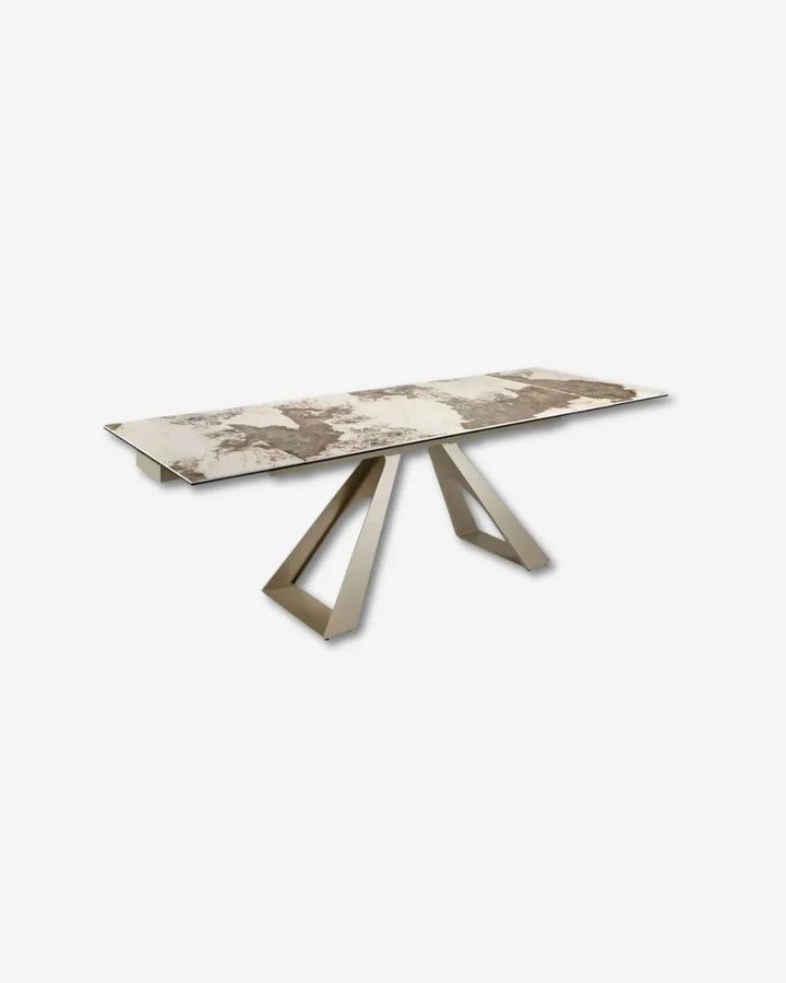 Mesa comedor extensible rectangular mármol porcelánico y acero color champagne
