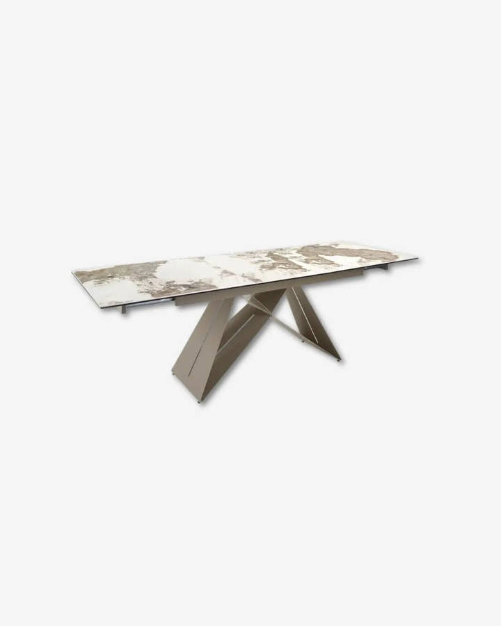 Mesa comedor extensible rectangular mármol porcelánico y acero color champagne - Mesa de comedor - El Workshop - marmol - porcelanico - blanco - con - vetas - en - tonos - tierra