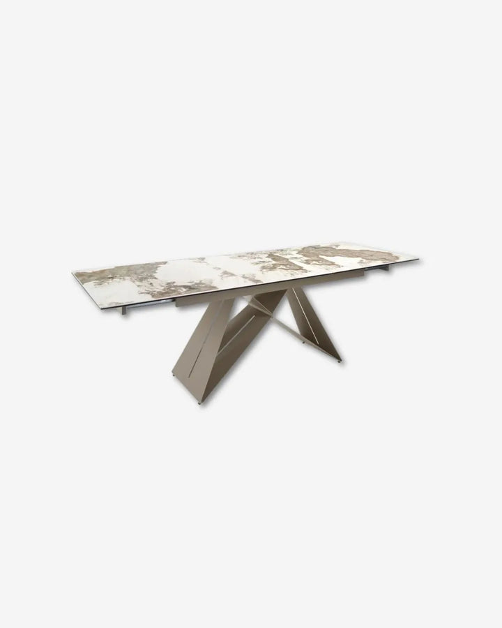 Mesa comedor extensible rectangular mármol porcelánico y acero color champagne