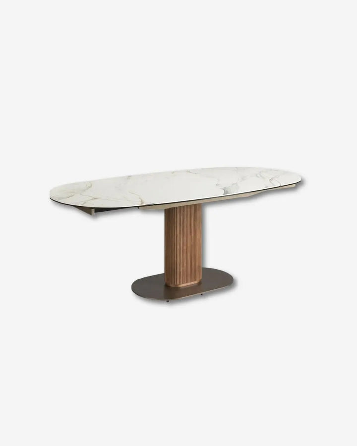 Mesa comedor extensible ovalada barril mármol porcelánico y nogal