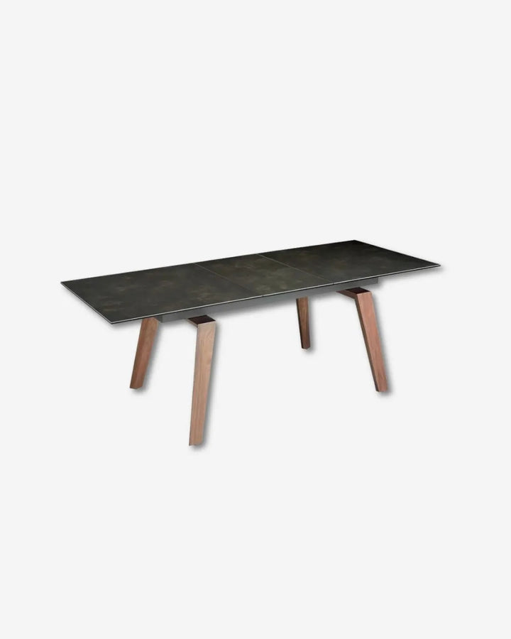 Mesa comedor extensible rectangular mármol porcelánico y nogal