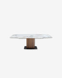 Extendable oval barrel dining table in porcelain marble and walnut
