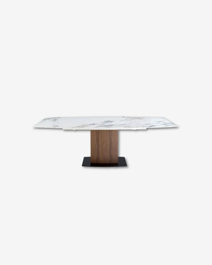 Mesa comedor extensible ovalada barril mármol porcelánico y nogal