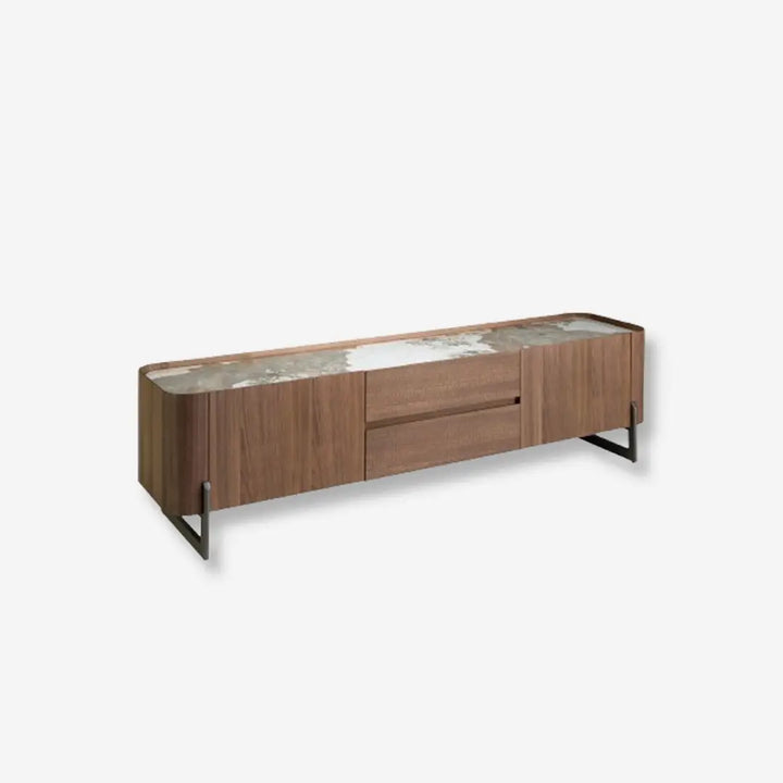 Mueble TV nogal, acero visón metal y tapa de mármol porcelánico