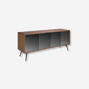 Sideboard aus schwarzem Glas mit Spiegeleffekt, Walnuss und schwarzem Stahl