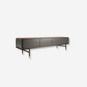 TV cabinet in dark grey wood, black steel and walnut top
