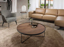Round walnut and black steel coffee table