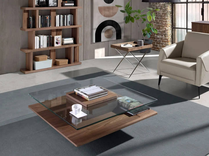 Mesa centro cuadrada cristal templado y nogal - Mesa de centro - El Workshop - madera - oscura