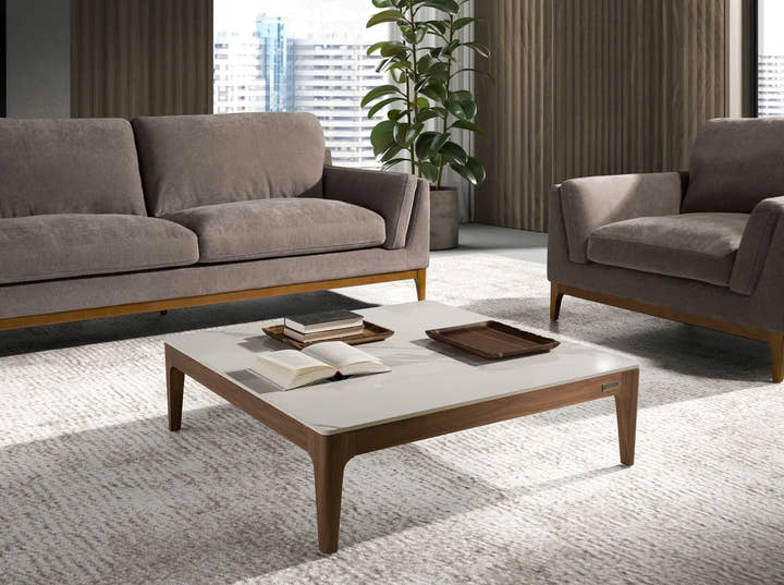 Mesa centro cuadrada mármol porcelánico y nogal - Mesa de centro - El Workshop - Blanco