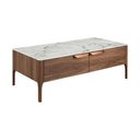 Mesa centro rectangular cristal imitación mármol y nogal