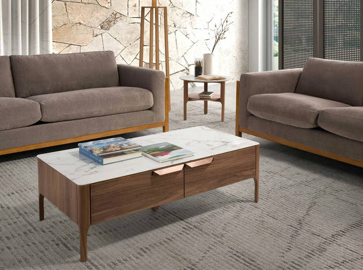 Mesa centro rectangular cristal imitación mármol y nogal - Mesa de centro - El Workshop - Natural