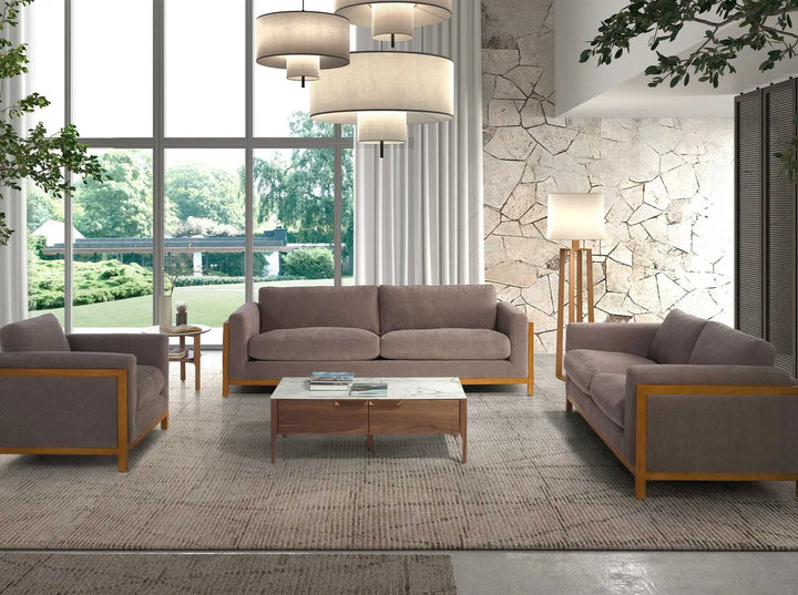 Mesa rincón redonda mármol porcelánico y nogal