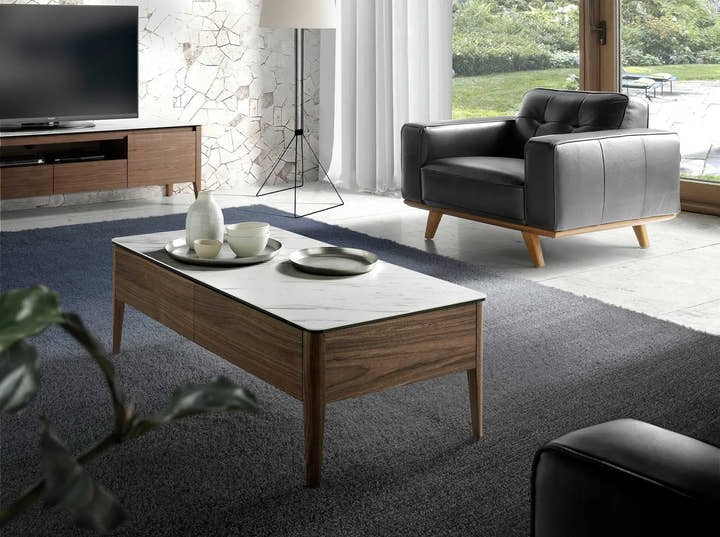 Mesa centro rectangular mármol porcelánico y nogal - Mesa de centro - El Workshop - Blanco