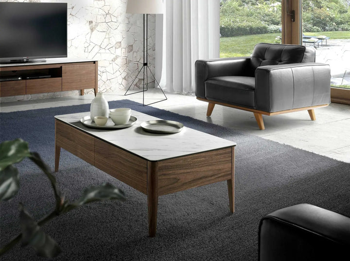 Mesa centro rectangular mármol porcelánico y nogal