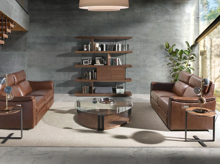 Mesa rincón redonda nogal y acero negro