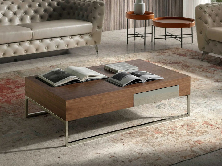 Mesa centro rectangular nogal y acero cromado