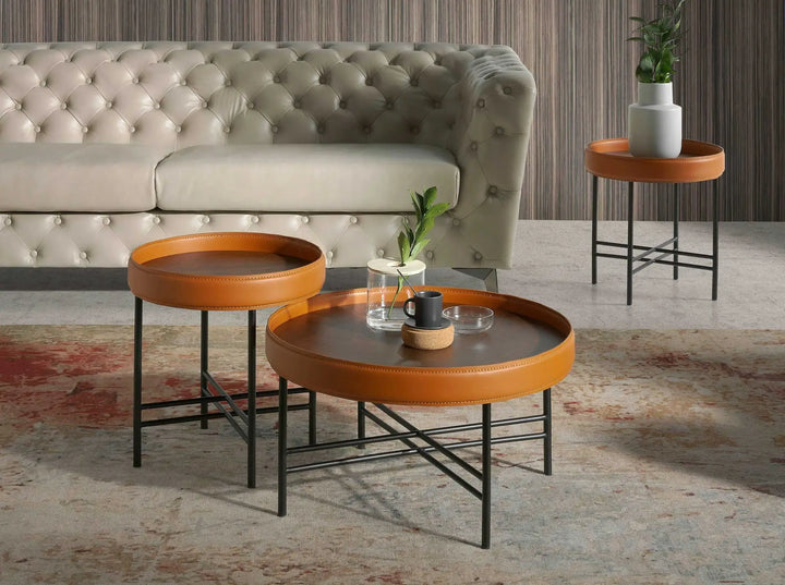 Mesa centro redonda polipiel, nogal y acero negro