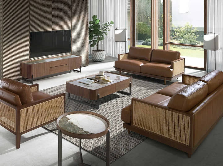 Mesa rincón redonda mármol porcelánico, nogal y acero visón metal - Mesa auxiliar - El Workshop - Ø62x56cm