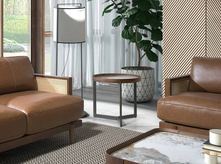 Mesa rincón redonda mármol porcelánico, nogal y acero visón metal - Mesa auxiliar - El Workshop - Ø62x56cm