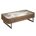 Mesa centro rectangular mármol porcelánico, nogal y acero visón metal