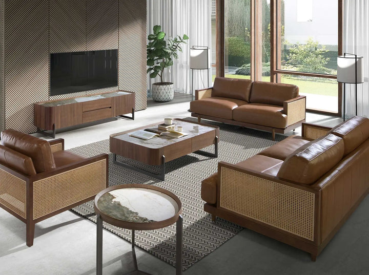 Mesa centro rectangular mármol porcelánico, nogal y acero visón metal